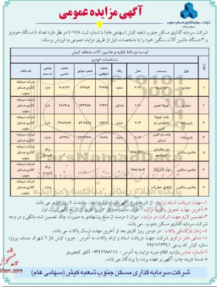 مزایده تعداد 4 دستگاه خودرو و 3 دستگاه ماشین آلات سنگین 