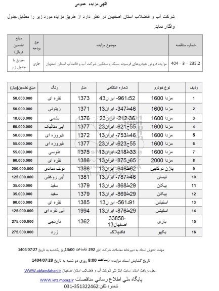 مزایده فروش خودروهای فرسوده سبک و سنگین
