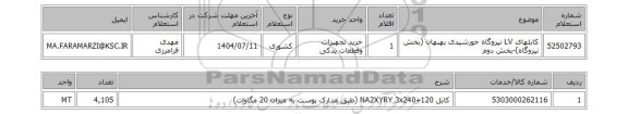استعلام کابلهای LV نیروگاه خورشیدی بهبهان (بخش نیروگاه)-بخش دوم