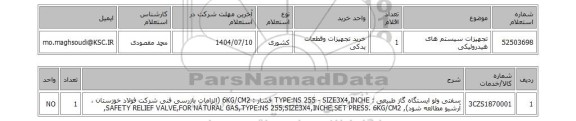 استعلام تجهیزات سیستم های هیدرولیکی