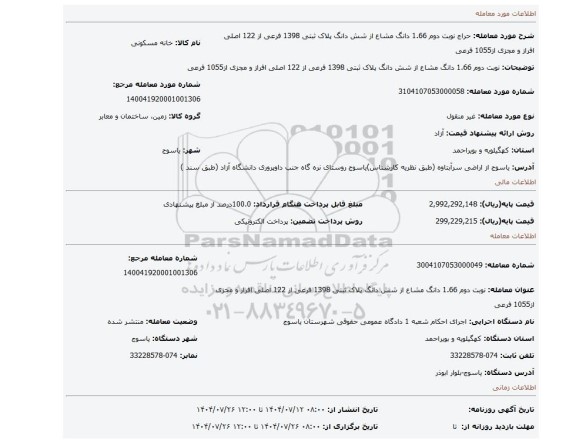 مزایده،  نوبت دوم  1.66 دانگ مشاع از شش دانگ پلاک ثبتی 1398 فرعی از 122 اصلی افراز و مجزی از1055 فرعی