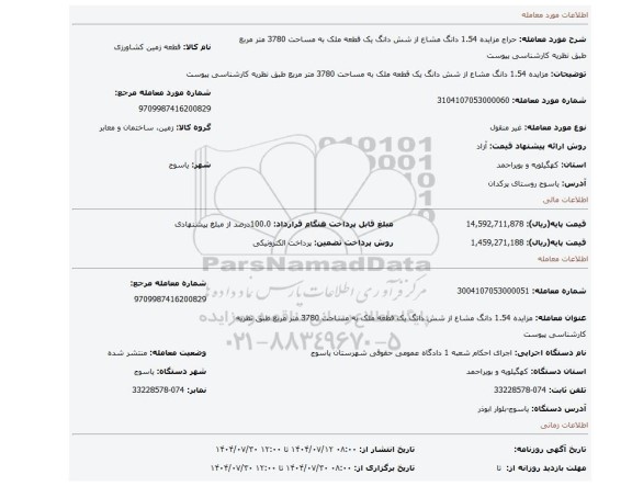 مزایده، مزایده 1.54 دانگ مشاع از شش دانگ یک قطعه ملک به مساحت 3780 متر مربع  طبق نظریه کارشناسی پیوست
