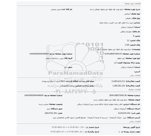 مزایده، حراج نوبت اول اموال غیر منقول معرفی شده