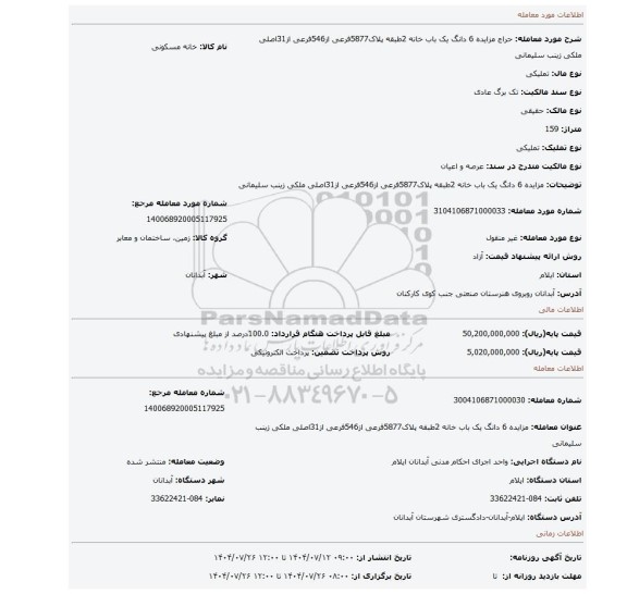 مزایده، مزایده 6 دانگ یک باب خانه 2طبقه پلاک5877فرعی از546فرعی از31اصلی ملکی زینب سلیمانی
