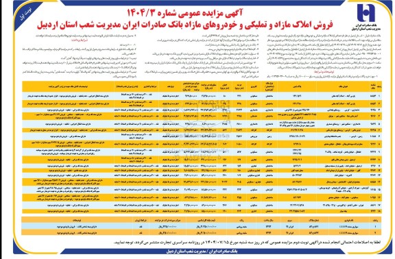 مزایده فروش تعدادی از املاک مازاد و تملیکی و خودروهای مازاد