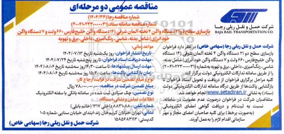 مناقصه بازسازی سطح دو 21 دستگاه واگن 4 تخته آلمان شرقی (14 دستگاه واگن خلیج فارس 660 ولت و 7 دستگاه واگن خود انرژی) ...