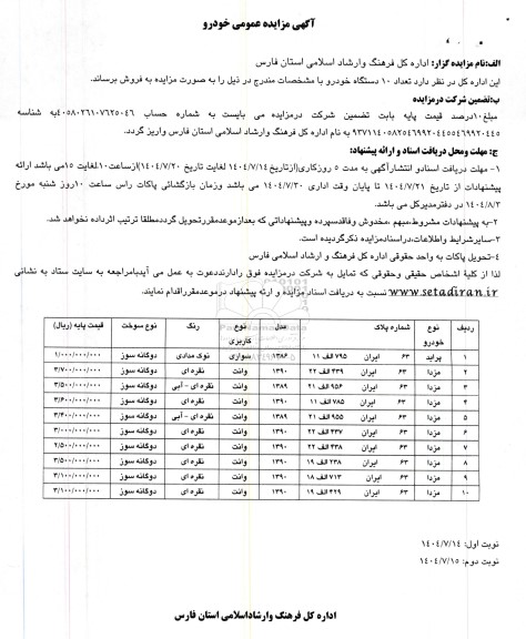 مزایده فروش  تعداد 10دستگاه خودرو