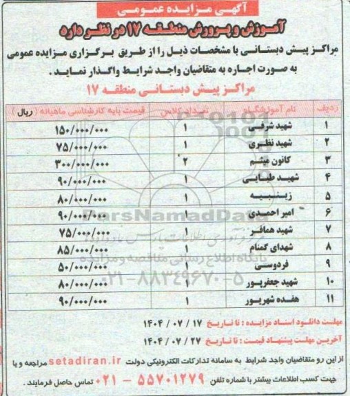 مزایده اجاره مراکز پیش دبستانی