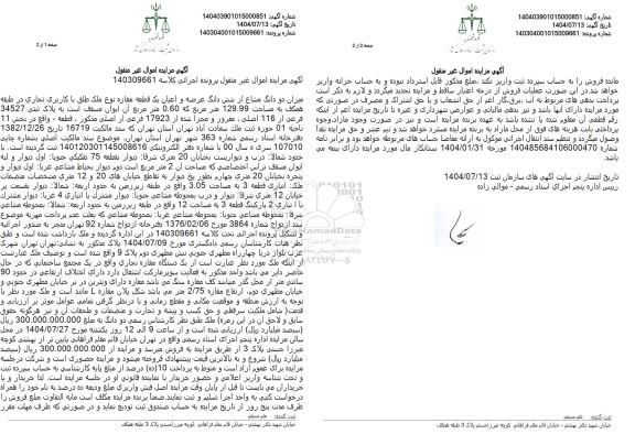 مزایده میزان دو دانگ مشاع از شش دانگ عرصه و اعیان یک قطعه مغازه نوع ملک طلق با کاربری تجاری در طبقه همکف به مساحت 129.99 متر مربع