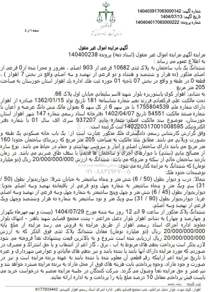 مزایده ششدانگ یک باب ساختمان به پلاک ثبتی 10682 فرعی از 903 اصلی