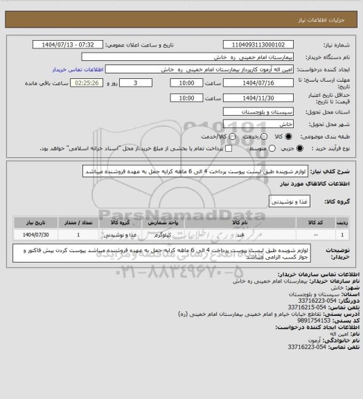 استعلام لوازم شوینده طبق لیست پیوست     پرداخت 4 الی 6 ماهه    کرایه حمل به عهده فروشنده میباشد