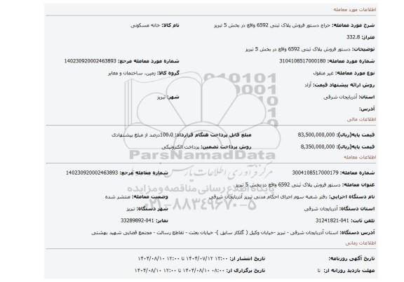 مزایده، دستور فروش پلاک ثبتی 6592 واقع در بخش 5 تبریز