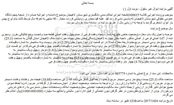 مزایده عرصه واعیان یک باب مغازه (وضعیت خاص طلق)به شماره پنجاه وهفت فرعی از صدوچهل وهفت اصلی قطعه صد وشصت وپنج تفکیکی مفروز ومجزی شده از 147 اصلی فرعی از اصلی