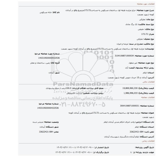 مزایده، مزایده طبقه اول ساختمان مسکونی به مساحت173.72مترمربع واقع در آبدانان کوچه شهید عصمت