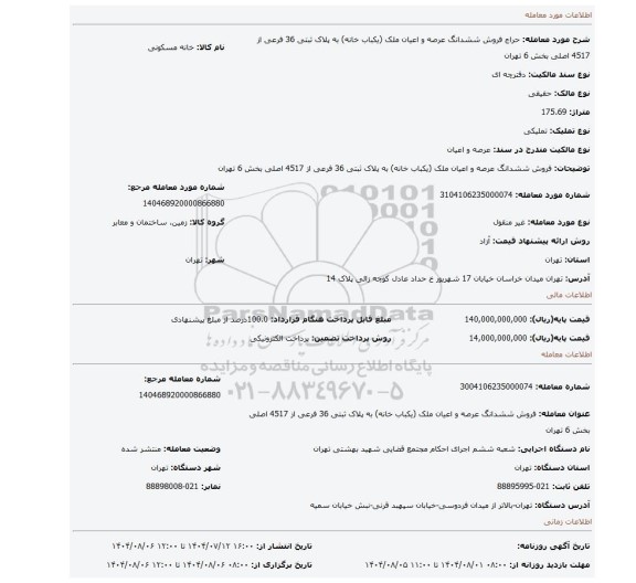 مزایده، فروش ششدانگ عرصه و اعیان ملک (یکباب خانه) به پلاک ثبتی 36 فرعی از 4517 اصلی بخش 6 تهران