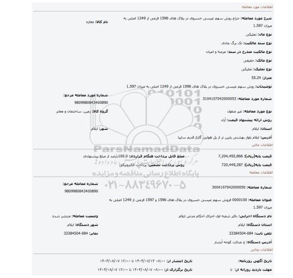 مزایده، روش سهم عیسی خسروی در پلاک های 1596  فرعی از 1249 اصلی به میزان 1.597