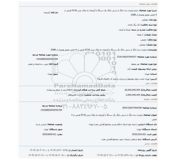 مزایده، مزایده سه دانگ از شش دانگ یک دستگا ه آپارتمان به پلاک ثبتی 5718 فرعی از 4 اصلی  مفروز ومجزی از 5398