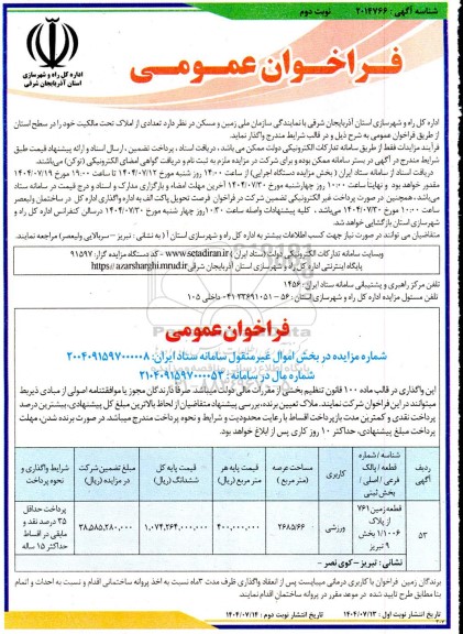 مزایده واگذاری املاک نوبت دوم