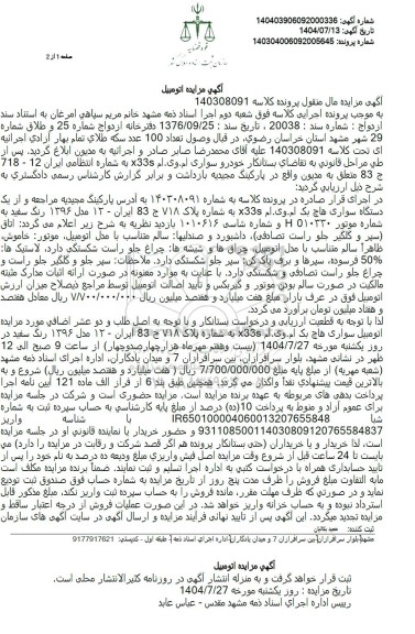 مزایده یک دستگاه سواری هاچ بک ام وی ام x33