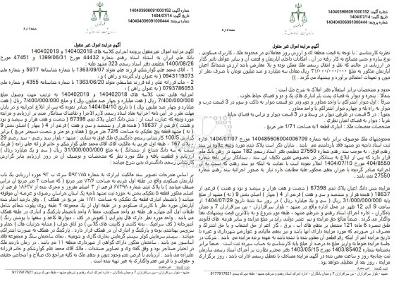 مزایده شش دانگ اعیان پلاک ثبتی 67398 ) شصت و هفت هزار و سیصد و نود و هشت ) فرعی از 18637 ) هجده هزار و ششصد و سی و هفت