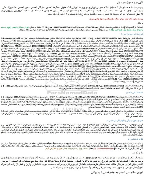 مزایده ششدانگ عرصه و اعیان یک قطعه زمین (وضعیت خاص طلق) بشماره 1246 فرعی از 70 اصلی قطعه یک تفکیکی مفروز و مجزی شده از 828 فرعی از اصلی