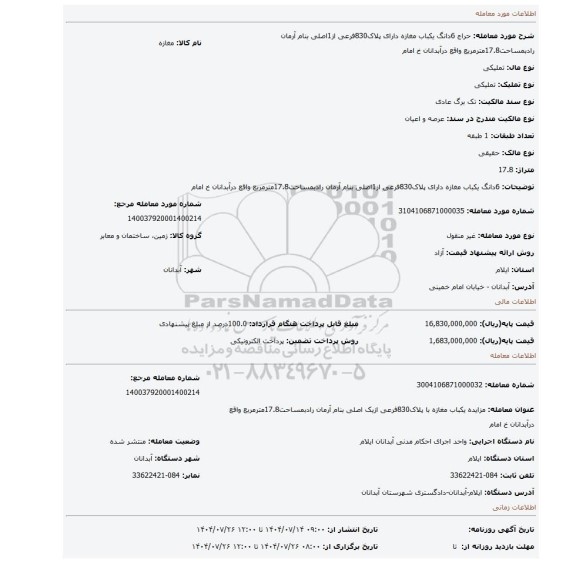 مزایده، 6دانگ یکباب مغازه دارای پلاک830فرعی از1اصلی بنام آرمان رادبمساحت17.8مترمربع واقع درآبدانان خ امام