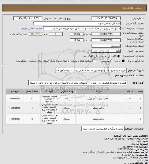 استعلام خرید خرید ماژول و سوئیچ مطابق مشخصات فنی پیوست دارای مجوز افتا