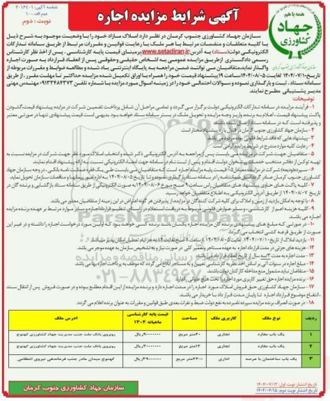مزایده اجاره سه ملک تجاری و اداری- نوبت دوم 