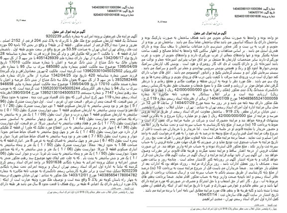 مزایده ششدانگ یک قطعه آپارتمان مسکونی 