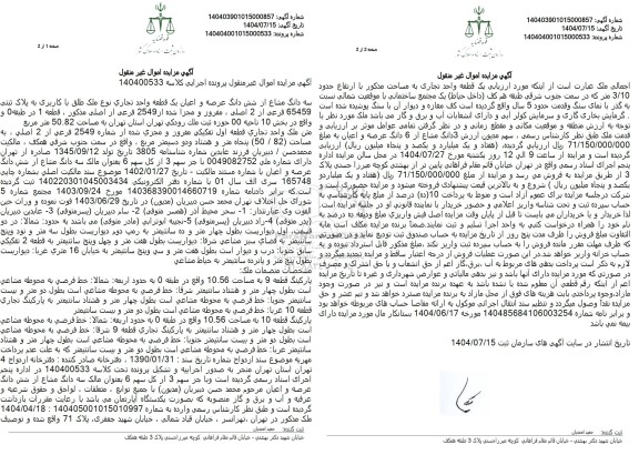 مزایده سه دانگ مشاع از شش دانگ عرصه و اعیان یک قطعه واحد تجاری نوع ملک طلق با کاربری