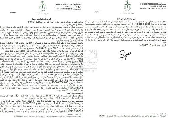 مزایده شش سهم مشاع از شصت و سه سهم عرصه و اعیان به استثناء ثمنیه اعیانی یک قطعه خانه نوع ملک طلق