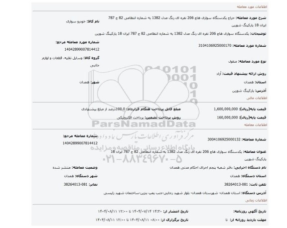مزایده، یکدستگاه سواری هاچ 206 نقره ای رنگ مدل 1382 به شماره انتظامی 82 ج  787  ایران 18 پارکینگ شورین