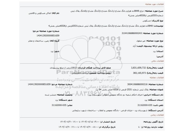 مزایده، 0848ده هزارم دانگ مشاع از1دانگ مشاع از3دانگ مشاع از6دانگ پلاک ثبتی شماره2531فرعی از6526اصلی بخش4