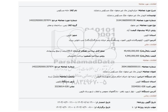 مزایده، فروش مال غیر منقول- ملک مسکونی و تجاری