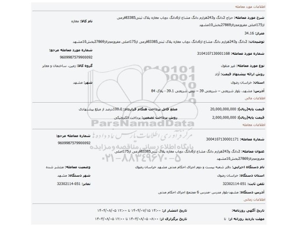 مزایده، 2دانگ و243هزارم دانگ مشاع از6دانگ دوباب مغازه پلاک ثبتی83385فرعی از175اصلی مفروزمجزااز27869بخش10مشهد