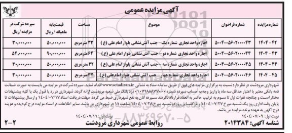 مزایده اجاره واحد تجاری شماره یک ....