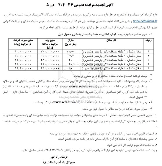 تجدید مزایده عمومی اجاره اماکن...