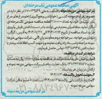 مناقصه فرآیند جوجه کشی (خواباندن و هچ گیری) تخم مرغ های مرغ مادر