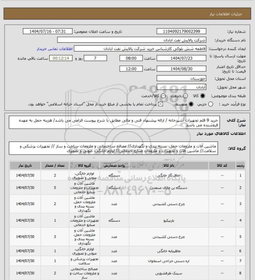 استعلام خرید 9 قلم تجهیزات آشپزخانه / ارائه پیشنهاد فنی و مالی مطابق با شرح پیوست الزامی می باشد/ هزینه حمل به عهده فروشنده می باشد