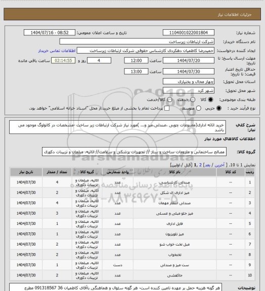 استعلام خرید اثاثه اداری(مصنوعات چوبی ،صندلی،میز و... )مورد نیاز شرکت ارتباطات زیر ساخت -مشخصات در کاتولوگ موجود می باشد