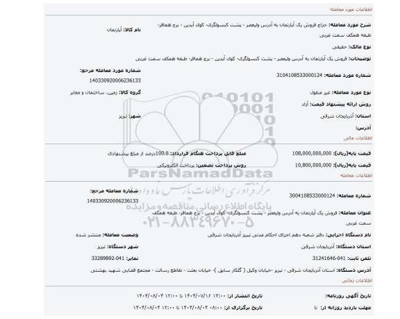مزایده، فروش یک آپارتمان به آدرس ولیعصر - پشت کنسولگری- کوی آیدین - برج همافر- طبقه همکف سمت غربی