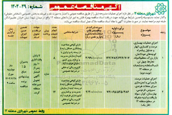 مناقصه اجرای عملیات بهسازی ،مرمت و کفسازی، انهار و جدول پیاده راه کوچه های.....