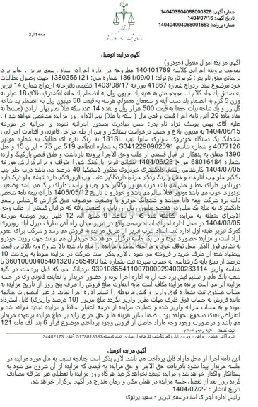 مزایده فروش ششدانگ یک دستگاه خودروی سواری سایپا تیپ 131SL به رنگ نقره ای متالیک