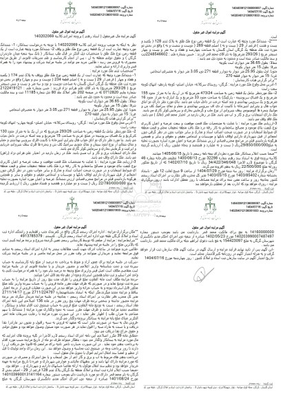 مزایده فروش ششدانگ مورد وثیقه، یک قطعه زمین نوع ملک طلق ووقف به پلاک ثنبی 174 