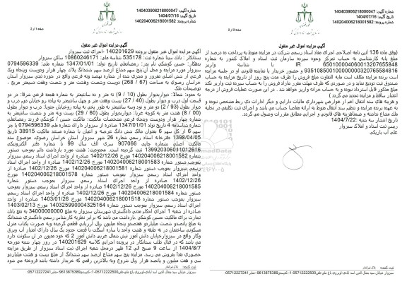 مزایده پنج سهم مشاع ارصد سهم ششدانگ بلاک چهار قرار و دویست و پنجاه و یک فرعی 