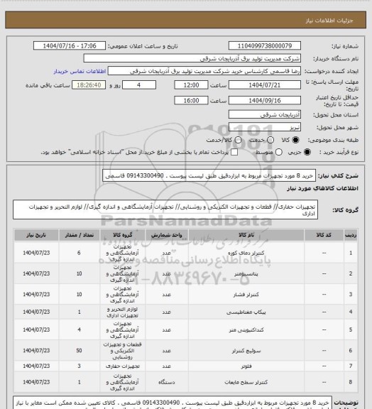 استعلام خرید 8 مورد تجهیزات مربوط به ابزاردقیق طبق لیست پیوست . 09143300490 قاسمی