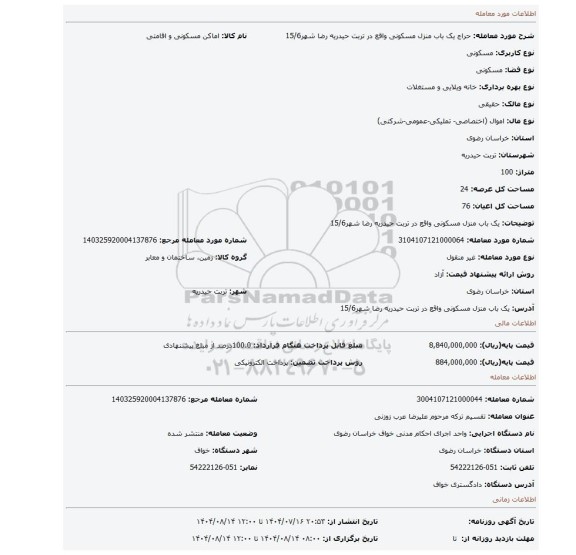 مزایده، یک باب منزل مسکونی واقع در تربت حیدریه رضا شهر15/6