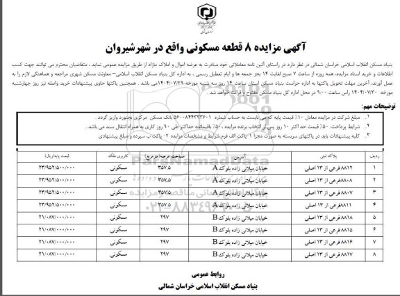 مزایده 8 قطعه زمین مسکونی