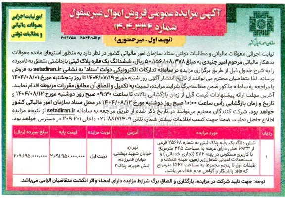 آگهی مزایده عمومی فروش ششدانگ یک فقره پلاک ثبتی بازداشتی 