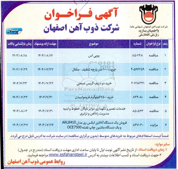 فراخوان مناقصه ومزایده  فروش یک دستگاه آنالایزر ایکس ری مدل ARL8410